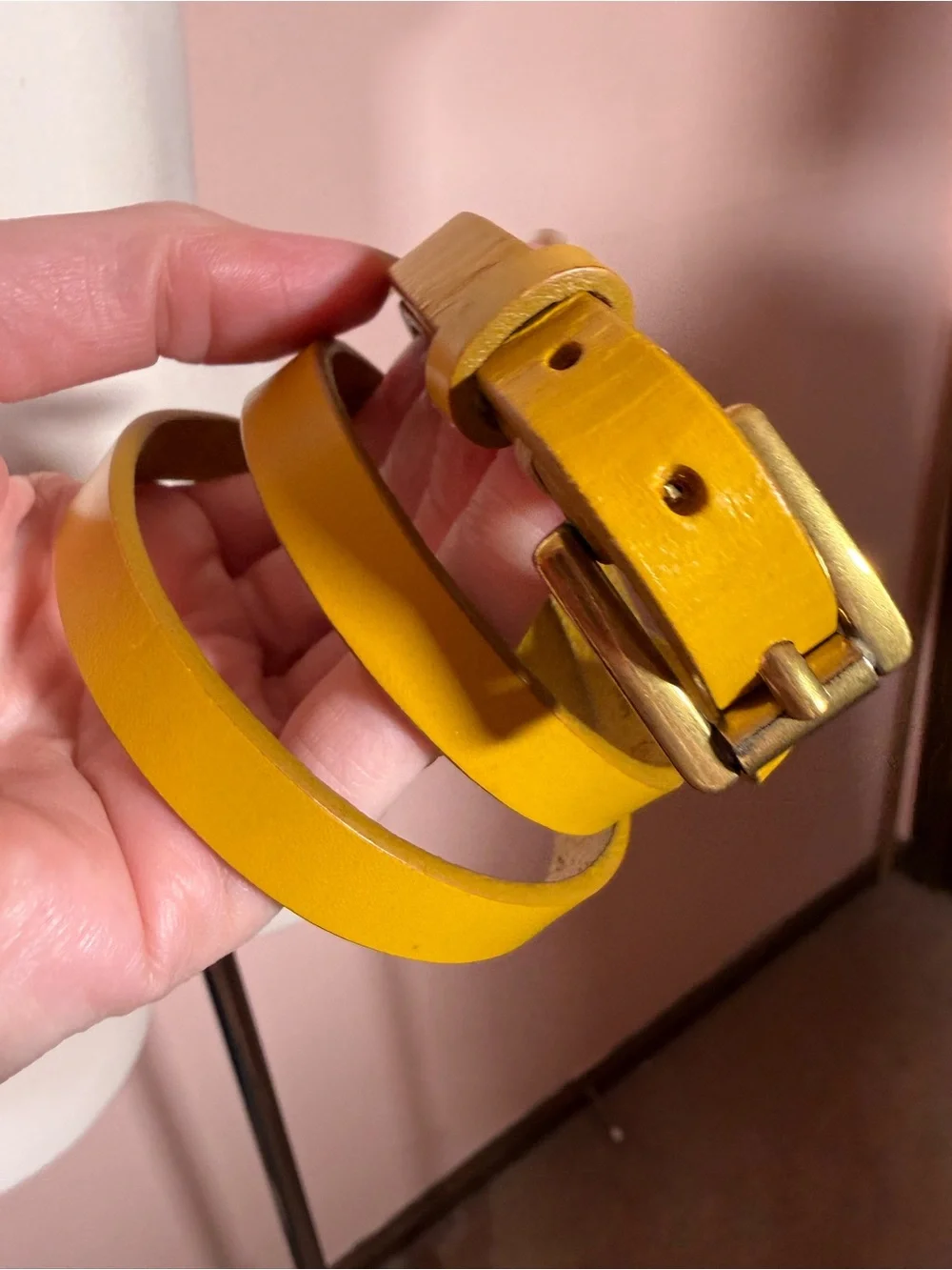 Vintage retro yellow leather minimalist ultra skinny Belt small medium